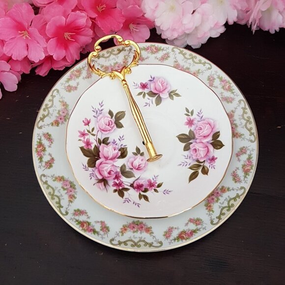 Handmade 2 Tier Cake Stand Pink Roses Jewelry Trinket Tray Tea Party Decor Gift - Picture 3 of 7